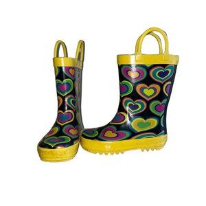 Kids Size 5 Heart Pattern Rain Boots Yellow Handles Soles Rubber Colorful Design